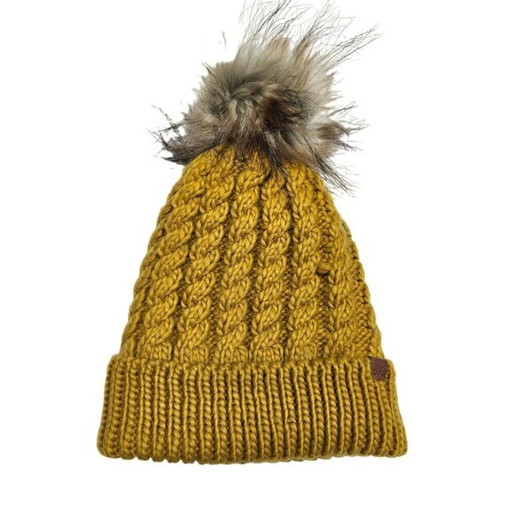 David & Young Mustard Yellow Cable Knit Beanie With Faux Fur Pom & Soft Lining - Picture 1 of 6